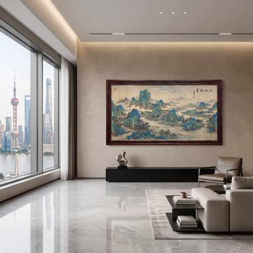 Hand-Painted Blue Green Landscape Song Dynasty Silk Art II | Oil And Acrylic Painting in Paintings by Dynasty Artisan. Item made of wood with fabric works with contemporary & eclectic & maximalism style