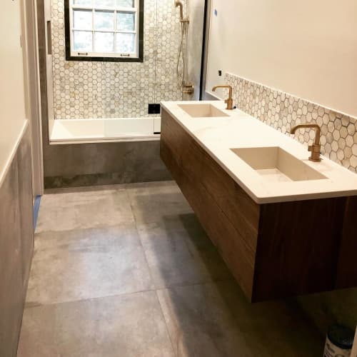 Floating Walnut Vanity Cabinet | Storage by Blak Haus Furniture. Item made of walnut & marble