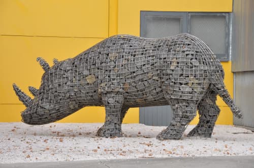 The Migration of the Rhinoceros  «Mavis» | Public Sculptures by Roger Gaudreau | University of Tasmania, Inveresk Campus in Launceston. Item composed of metal and stone