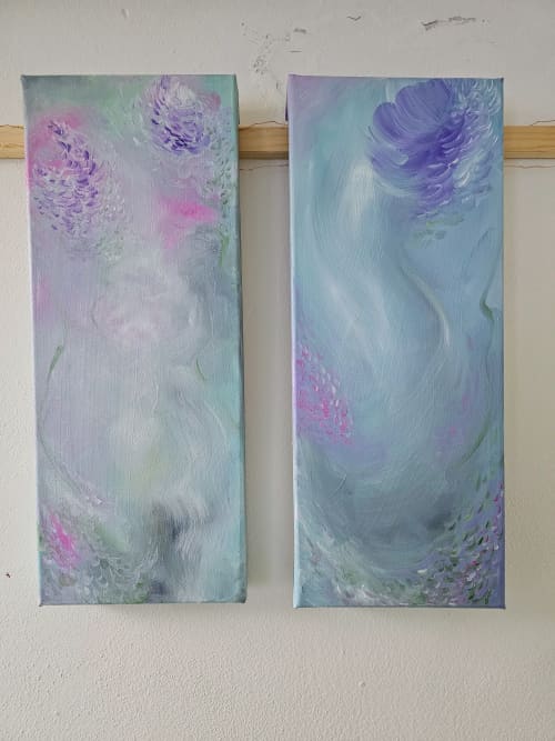 The Symphonies - Soft abstract floral paintings diptych | Oil And Acrylic Painting in Paintings by Jennifer Baker Fine Art. Item composed of canvas in boho or contemporary style