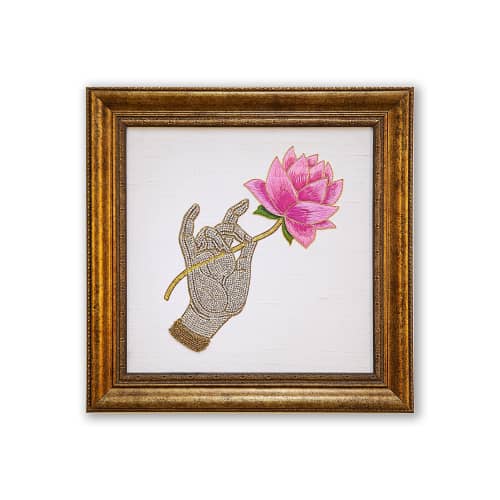 Karana Mudra Hand Gesture Wall Hanging | Embroidery in Wall Hangings by MagicSimSim. Item made of fabric works with art deco & asian style