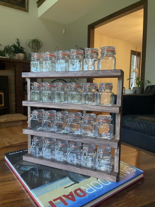 Chef's Spice Rack w/ 24 Glass Jars - in Black Walnut | Storage by Sterling Woodcrafts. Item made of walnut with glass works with contemporary & japandi style