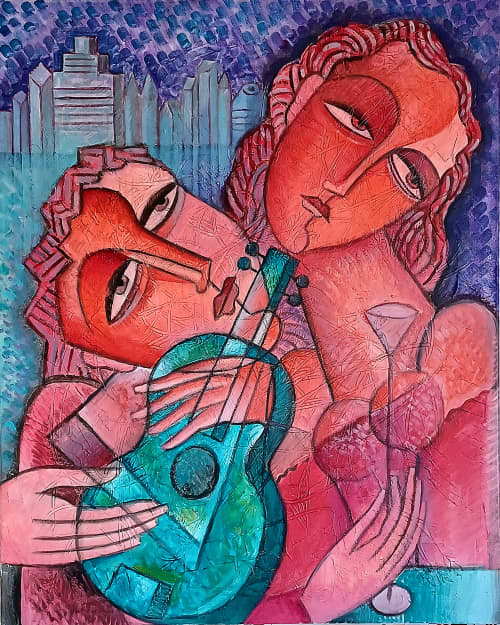 Green Guitar | Prints by Van Hovak. Item made of canvas