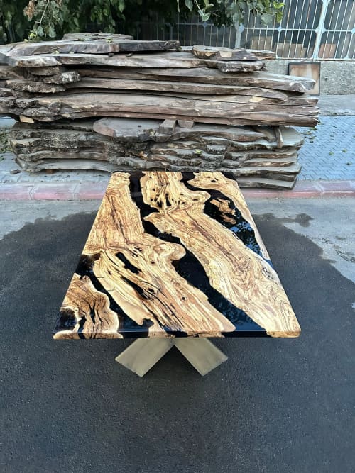 Epoxy Table - Black Resin Dining Table - Custom Olive Table | Tables by Tinella Wood. Item made of wood with brass works with minimalism & art deco style