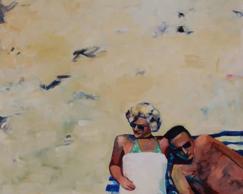 'Couple at the Beach', 48x60 original oil painting | Oil And Acrylic Painting in Paintings by T.S. Harris aka Tracey Sylvester Harris. Item composed of synthetic