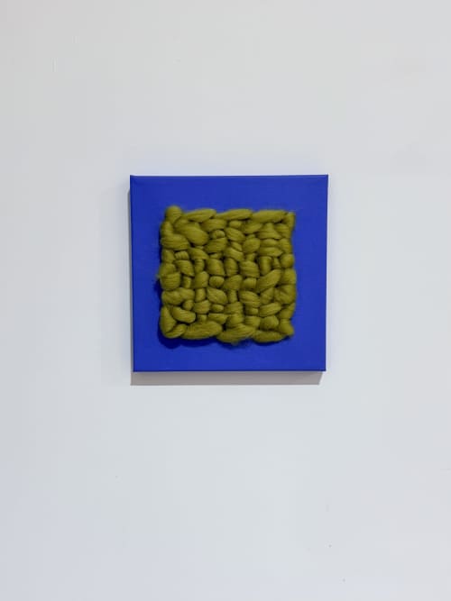 Mixed Media Weaving | Cobalt and Chartreause | Tapestry in Wall Hangings by Sarah Lawrence. Item composed of canvas and fiber in minimalism or mid century modern style
