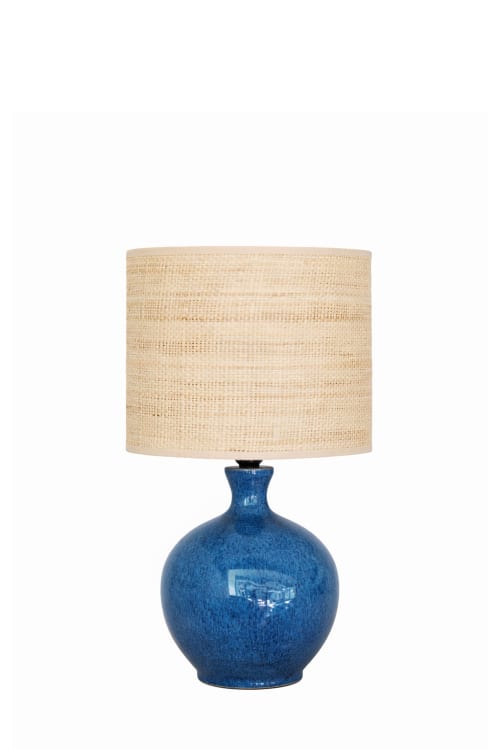 Handmade Ceramic Table Lamp:Deep Ocean Blue raffia shade | Lamps by ENOceramics. Item made of fabric with ceramic works with boho & japandi style
