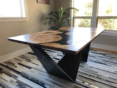 Maple Burl & Resin Dining Table | Tables by Black Rose WoodCraft. Item composed of maple wood and steel