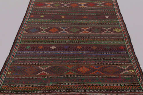 Vintage Persian Soumak Kilim, Burgundy with Vibrant Tribal | Area Rug in Rugs by Rug and Kilim