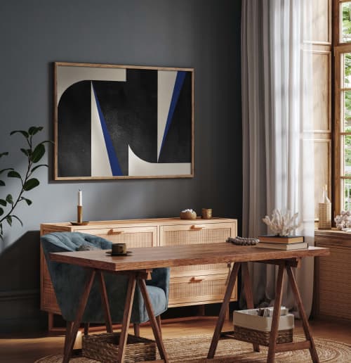 "Blue Graphic No. 1" - Midcentury Modern Painting | Oil And Acrylic Painting in Paintings by ART + ALCHEMY By Nicolette Atelier. Item made of wood & canvas compatible with minimalism and mid century modern style