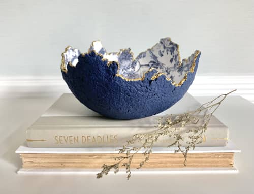 Blue Floral Eggshell Bowl | Decorative Bowl in Decorative Objects by TM Olson Collection. Item composed of paper in country & farmhouse or japandi style
