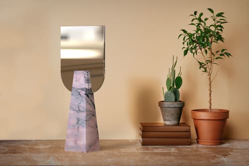 "Ophelia" Contemporary table mirror in Pink Portugal marble | Decorative Objects by Carcino Design. Item composed of marble & glass compatible with minimalism and contemporary style