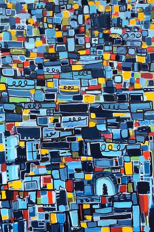 Pike Place - blue geometric abstract painting | Oil And Acrylic Painting in Paintings by Leah Nadeau | Private Residence - Ann Arbor, MI in Ann Arbor. Item made of canvas