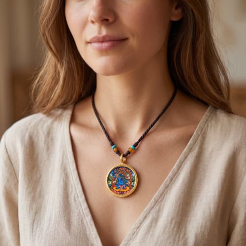 Acalanatha Thangka Pendant Zodiac Rooster Amulet Art | Ornament in Decorative Objects by Dynasty Artisan. Item composed of metal compatible with contemporary and eclectic & maximalism style