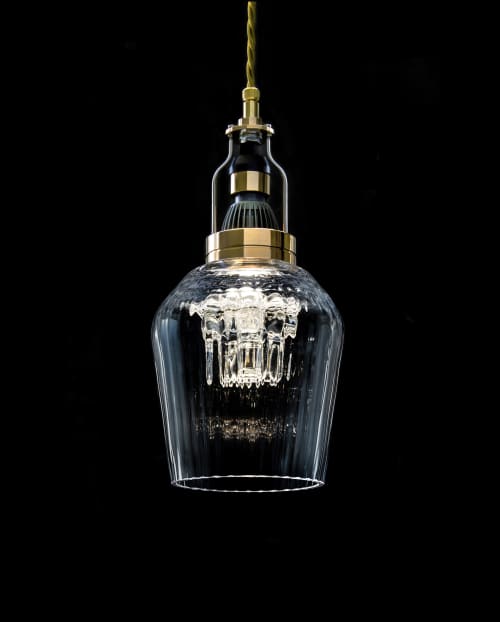 Blown ribbed glass/crystal inserts #47 | Pendants by Vitro Lighting Designs. Item composed of bronze and glass in mid century modern or contemporary style