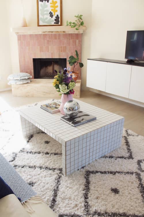 White Tile Coffee Table with Linen Grout | Tables by Mahina Studio Arts. Item made of ceramic works with contemporary & eclectic & maximalism style