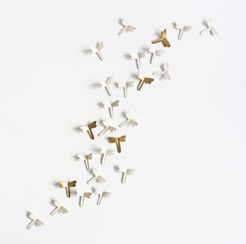 Original Artwork set of 25 wall hanging ceramic dragonflies | Wall Sculpture in Wall Hangings by Elizabeth Prince Ceramics. Item composed of metal & ceramic compatible with boho and contemporary style
