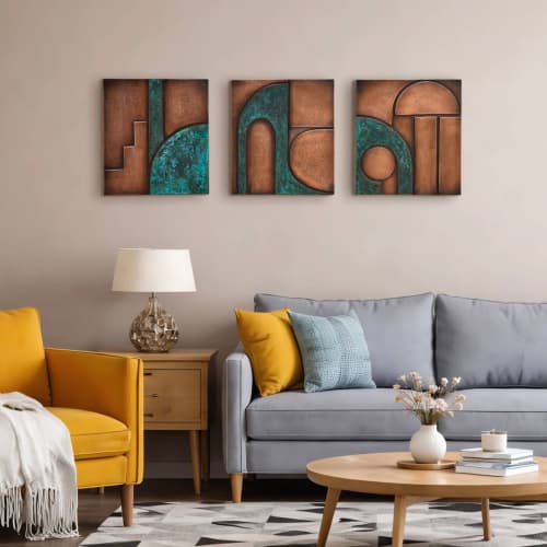Abstract Geometric Copper Wall Sculpture with Verdigris | Wall Hangings by Element 29 Metalcraft. Item made of copper works with contemporary & art deco style