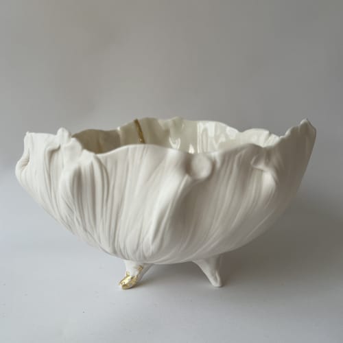 Porcelain and gold translucent white bowl on feet | Dinnerware by Helene Fleury. Item made of ceramic works with contemporary style