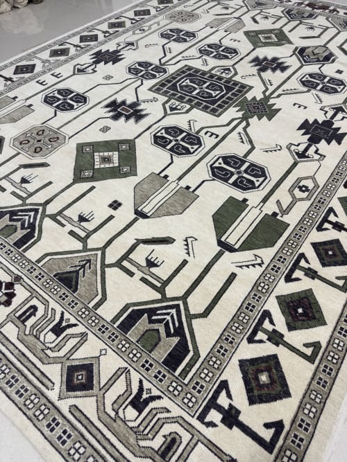 Sage Green Geometric Hand Knotted Wool Rug | Area Rug in Rugs by Krafcreation. Item composed of wool in boho or mid century modern style