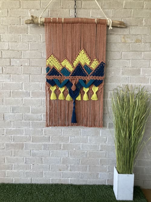Mountain Scene On Driftwood - Macrame Tapestry | Macrame Wall Hanging in Wall Hangings by The Good Vibe Effect. Item composed of wood & cotton compatible with boho and eclectic & maximalism style