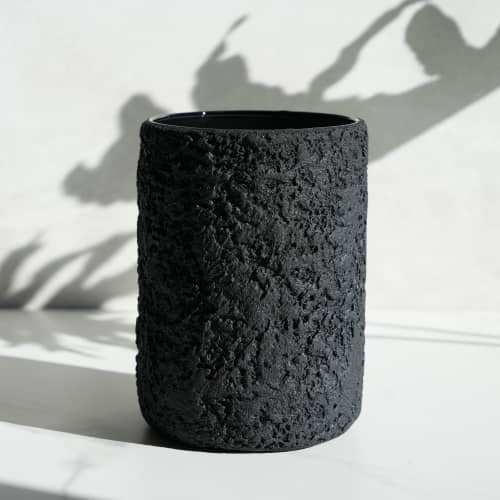 Wide Cylinder Vase in Textured Carbon Black Concrete | Vases & Vessels by Carolyn Powers Designs. Item composed of concrete and glass in minimalism or contemporary style