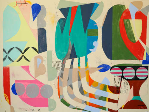 Pool Party | Mixed Media in Paintings by Paula Saslow, Copper Rose Art. Item made of wood