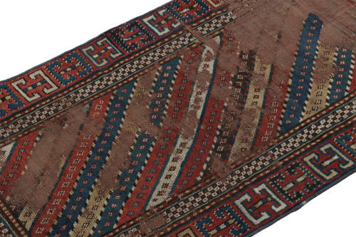 Antique Kazak Runner Rug with Red & Blue Geometric Patterns | Area Rug in Rugs by Rug and Kilim