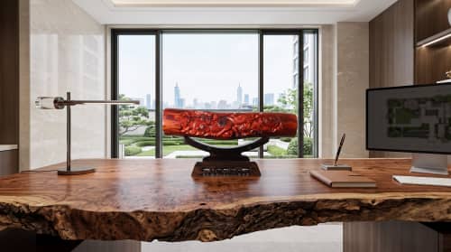 Bespoke Imperial Crimson-Gold Wood Kylin Wealthy Sculpture | Sculptures by Dynasty Artisan. Item composed of wood in contemporary or eclectic & maximalism style