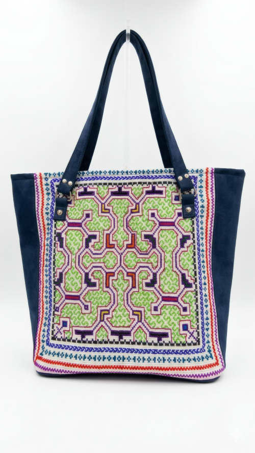 Sacred Geometry Luxury Tote bag: Hand-Woven Shipibo Heritage | Tiles by Sacred Andes Atelier. Item made of cotton with leather works with boho & minimalism style