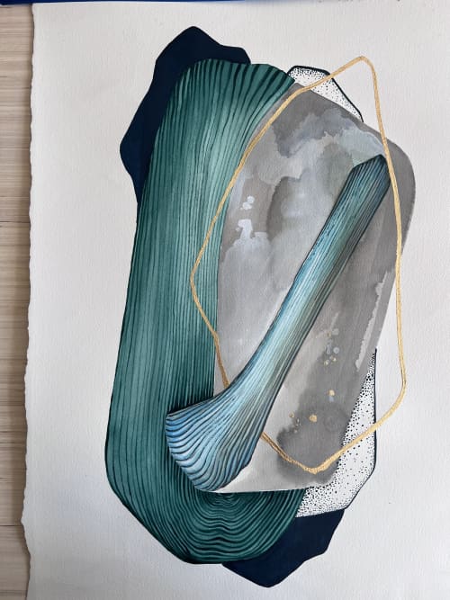 Turquoise and gold on paper | Oil And Acrylic Painting in Paintings by Elsa Jeandedieu Studio. Item made of paper & synthetic