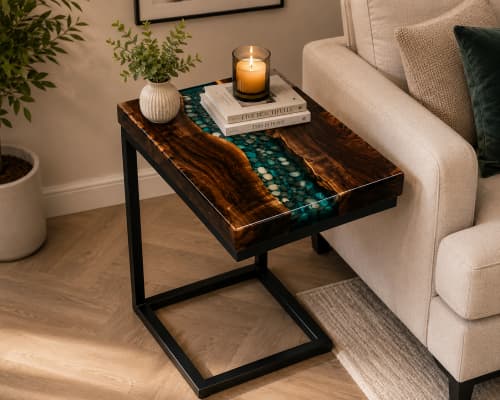 Luxury Epoxy Side Table, C Shape Epoxy Table Top | End Table in Tables by Innovative Home Decors. Item composed of wood compatible with country & farmhouse and art deco style
