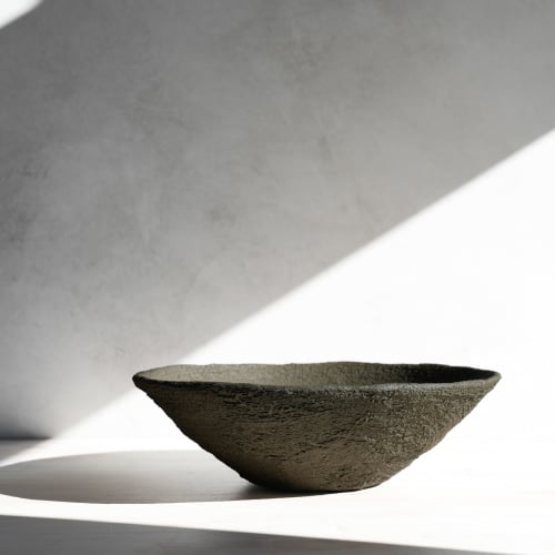 Low Angled Wabi Sabi Concrete Bowl in Textured Earthen Brown | Decorative Bowl in Decorative Objects by Carolyn Powers Designs. Item made of concrete works with minimalism & contemporary style
