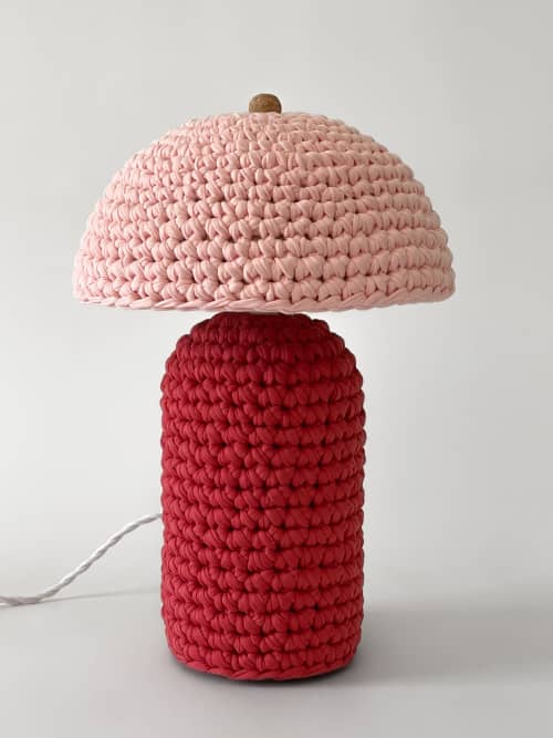The Knitty Table Lamp in Cherry Red and Pale Pink | Lamps by Meg Morrison. Item made of fabric with ceramic works with boho & mid century modern style