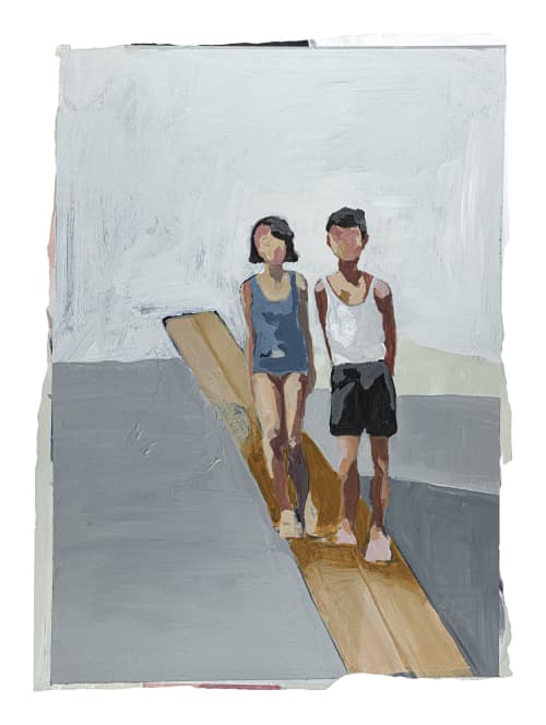 kids on pier | Oil And Acrylic Painting in Paintings by Jane Feil Art. Item composed of paper and synthetic