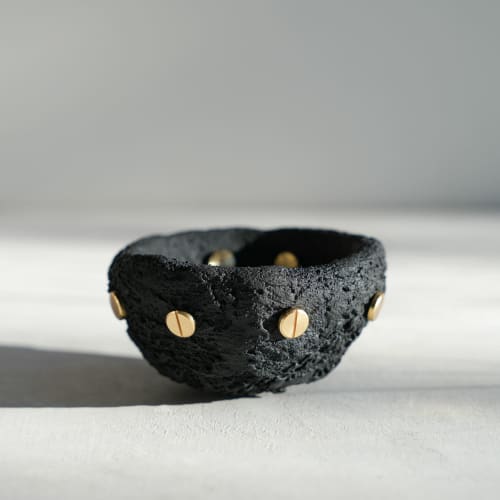 Small Treasure Bowl in Textured Black Concrete with Brass Ri | Decorative Bowl in Decorative Objects by Carolyn Powers Designs. Item composed of concrete compatible with minimalism and contemporary style