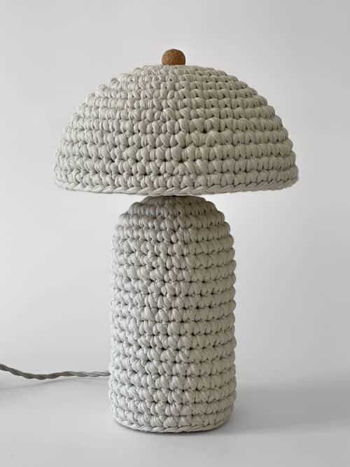 The Knitty Table Lamp in Cream | Lamps by Meg Morrison. Item composed of fabric and ceramic in minimalism or mid century modern style