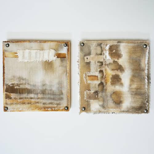 Long Ago; Rustic Mixed Media Textile Art on Wood - Set of 2 | Paintings by Michele Spurza. Item made of wood & canvas compatible with boho and contemporary style