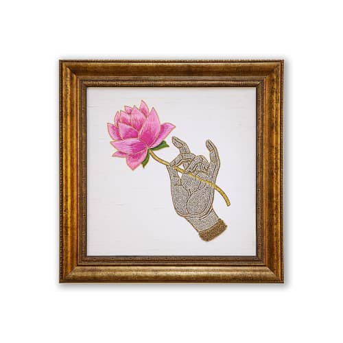 Karana Mudra Hand Gesture Frame Wall Art | Embroidery in Wall Hangings by MagicSimSim. Item made of fabric works with art deco & asian style