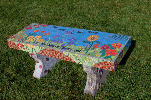 Tribute to Babette - tile & glass mosaic concrete bench | Public Mosaics by Rochelle Rose Schueler - Wild Rose Artworks LLC. Item composed of concrete and glass