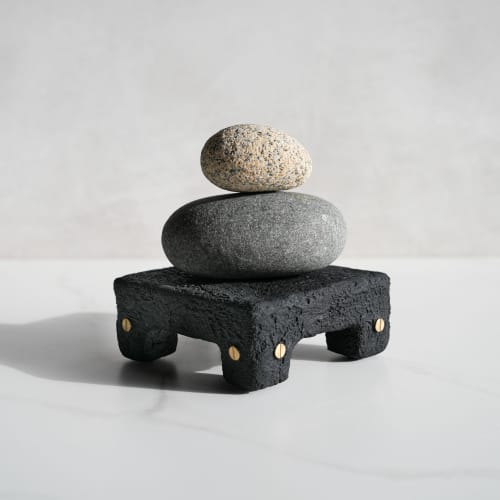 Small Shelf Riser in Carbon Black Concrete with Brass Rivets | Decorative Tray in Decorative Objects by Carolyn Powers Designs. Item made of brass with concrete works with minimalism & contemporary style