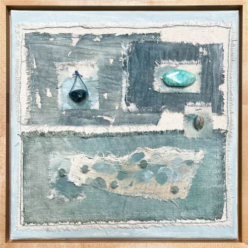 Manifest; Mixed Media Textile Art Painting With Aquamarine | Paintings by Michele Spurza. Item composed of maple wood and canvas in boho or eclectic & maximalism style