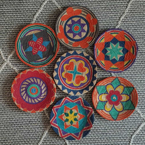 Set of 7 Woven Basket Wall Decor | Decorative Plate in Decorative Objects by Sarmal Design. Item made of bamboo with cotton works with boho & mid century modern style