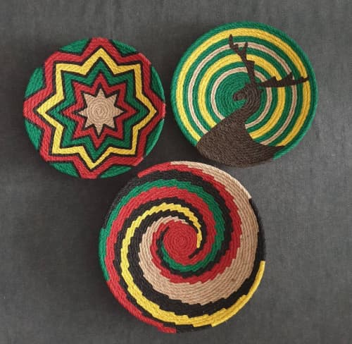 Set of 3 Orange, Green and Yellow Wall Plates | Decorative Plate in Decorative Objects by Sarmal Design. Item composed of bamboo and cotton in boho or mid century modern style