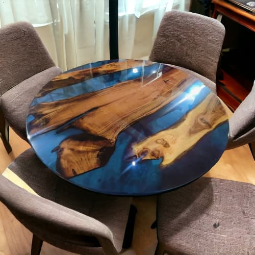 Blue resin Round Dining Table, Handmade Epoxy Table Top | Tables by Innovative Home Decors. Item made of wood compatible with boho and country & farmhouse style