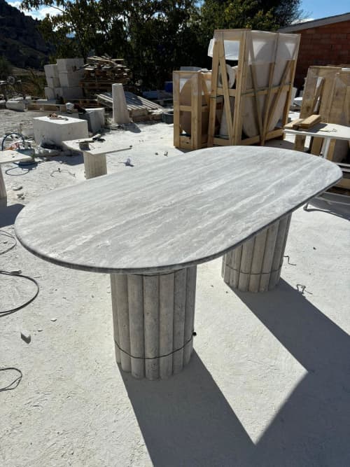 Italian Silver Travertine Dining Table - Marble Dining Table | Tables by Tinella Collection. Item composed of marble compatible with minimalism and contemporary style