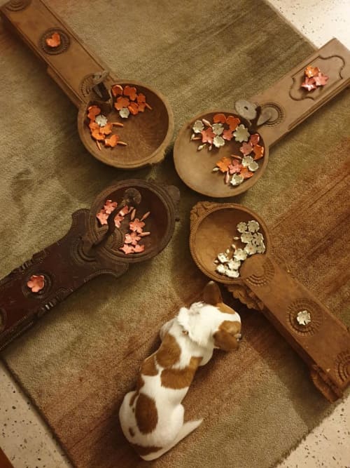 Material: Antique wood and ceramic |  Project: Anahat | | Wall Sculpture in Wall Hangings by Yamini Reddy. Item made of wood with ceramic
