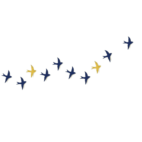 Set Of 10 Swallows - Deep Navy Blue and Gold Metallic | Wall Sculpture in Wall Hangings by Elizabeth Prince Ceramics. Item made of stoneware works with contemporary & coastal style