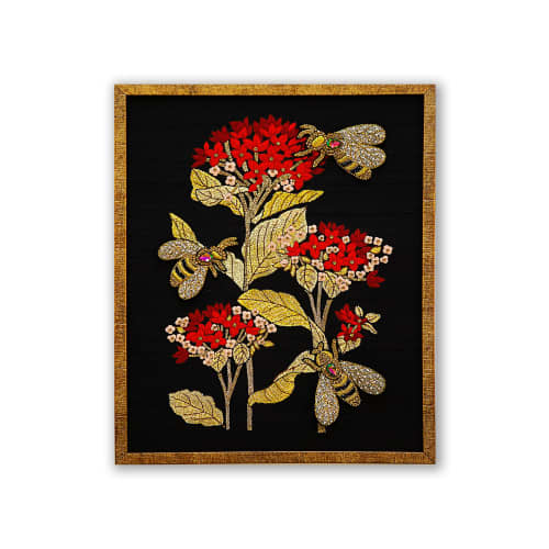 Ixora Plant 3D Honey Bee Framed Wall Hanging Art | Embroidery in Wall Hangings by MagicSimSim. Item composed of fabric and synthetic in art deco style