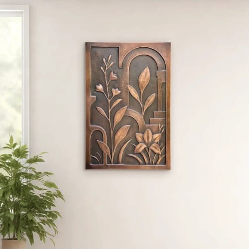 Metal Wall Relief With Flowers & Architecture | Wall Sculpture in Wall Hangings by Element 29 Metalcraft. Item composed of copper in contemporary or art deco style